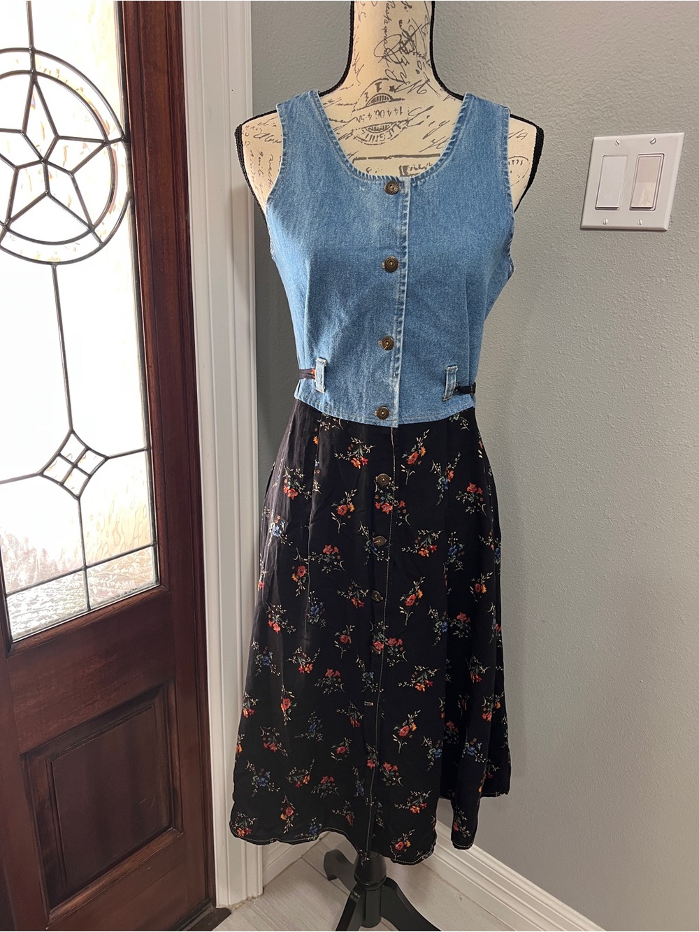 Vtg 90s La Belle Denim Floral Mixed Media Dress Women Petite XS Grunge